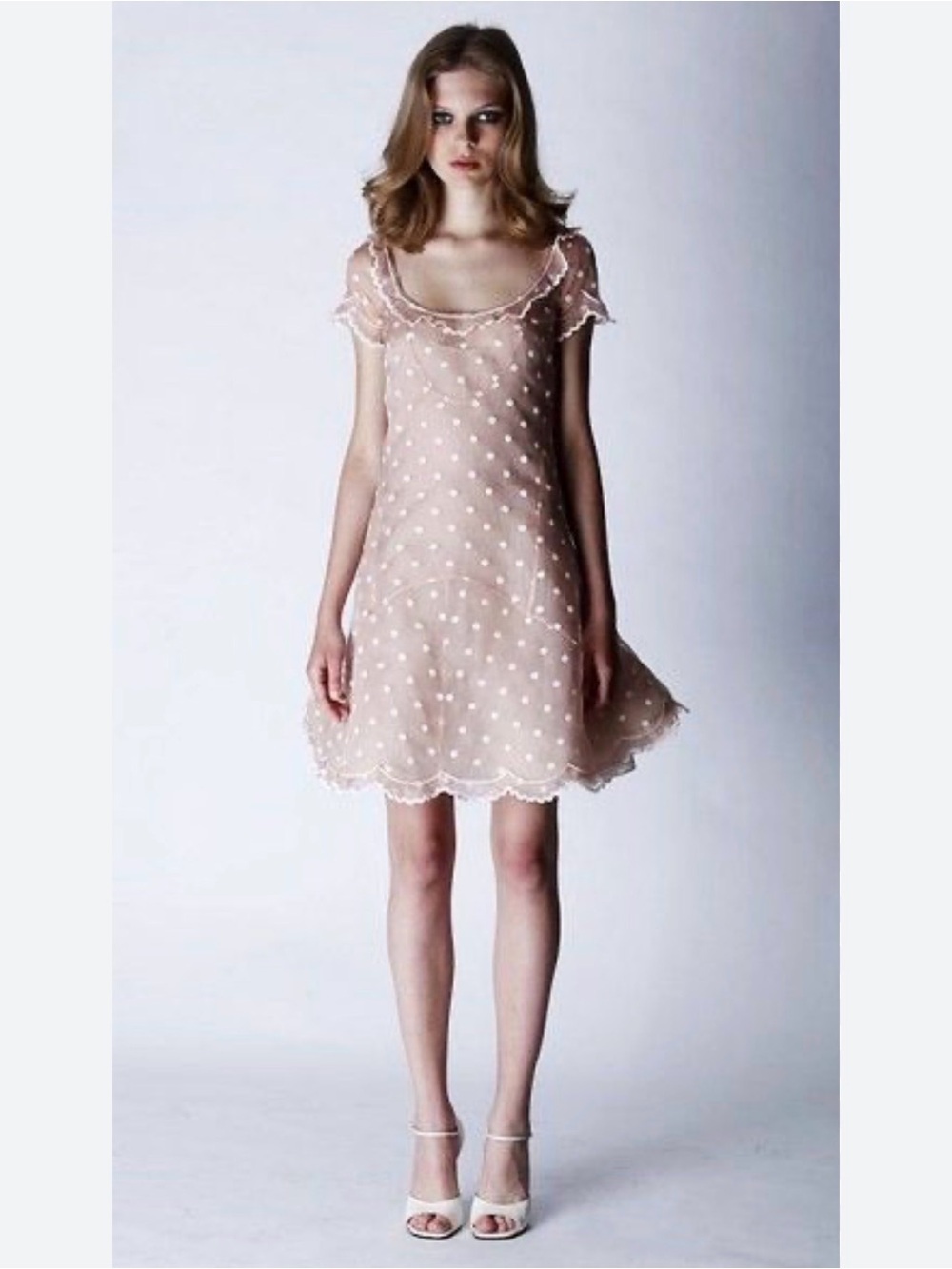Sheer Polka Dot Short Sleeve Dress - Nude Pink